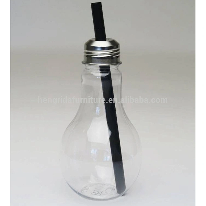 Lamp Bulb Shape Glass Juice Bottle with Drinking Straw Metal Cap