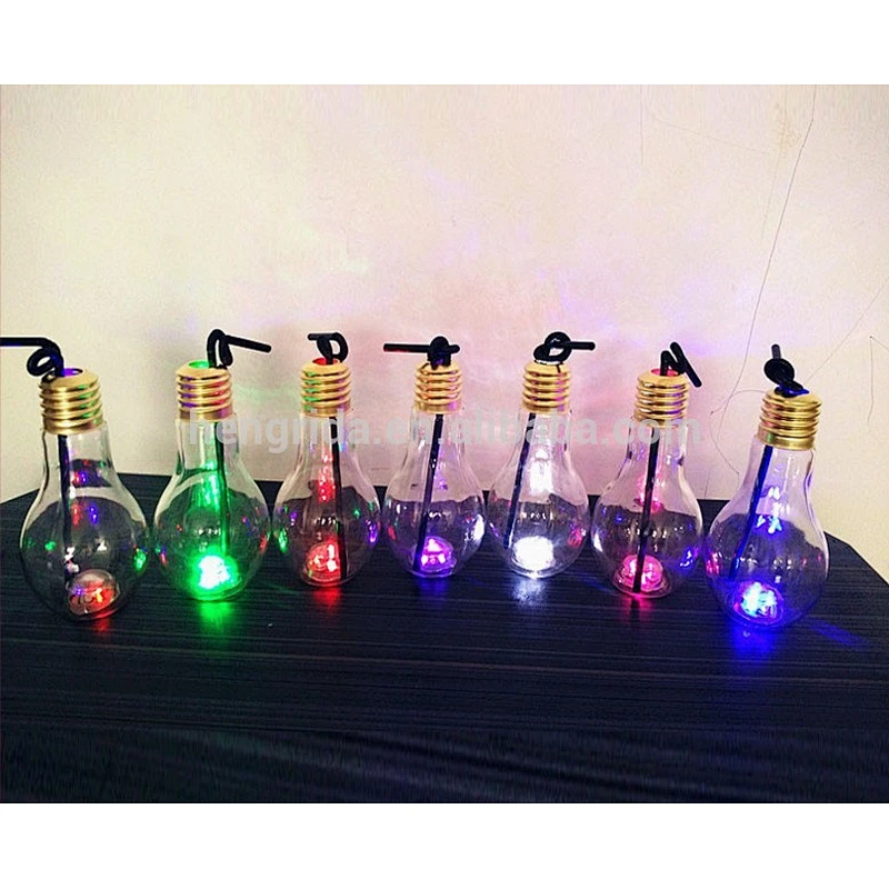 clear glass light bulb shape beverage bottle/juice glasses/straw cup with lights for fruit juice and shrub
