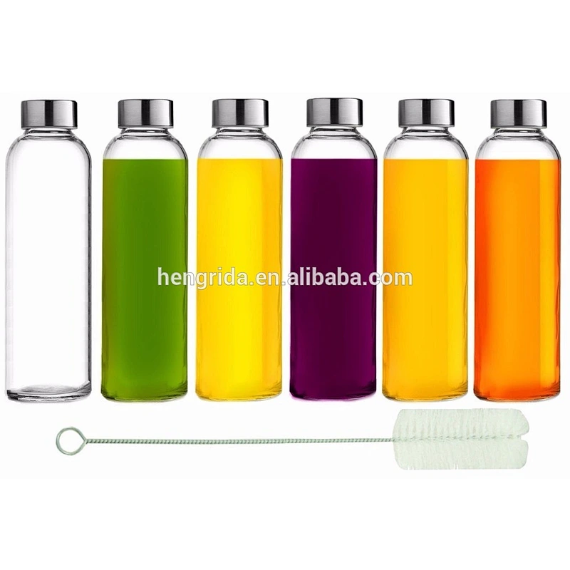 5oz/10oz/16oz/18oz glass drinking bottle with metal lid and sleeve for water juice and beverage