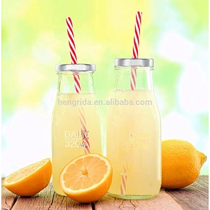 10.5 oz clear Dairy Reusable Glass Milk Bottle with Straw and Metal Lid