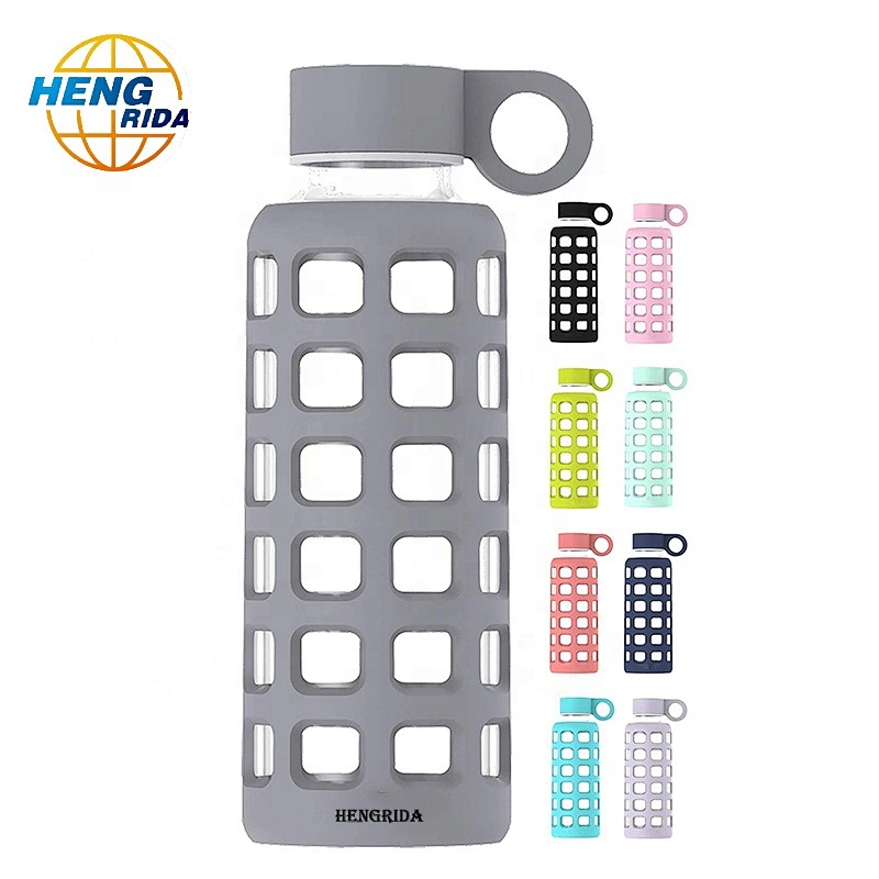 360ml Sport Glass Water Bottle with Handle Lid and Plastic sleeve