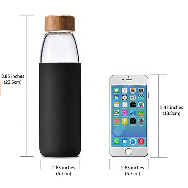 100% BPA Free Dishwasher Safe 18Oz Borosilicate Glass Water Bottle with Bamboo Lid and Protective Sleeve