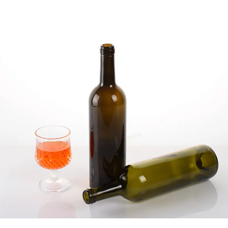 Factory Direct Wholesale 750ml Lead Free Bordeaux Dark Green Glass Wine Bottle with Cork Finish