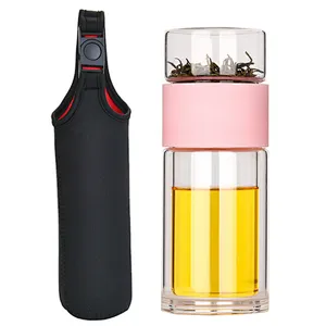 100% BPA Free Leakproof Dishwasher Safe Double Wall Borosilicate Glass Bottle with Stainless Steel infuser