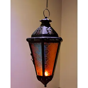 Hanging Moroccan Style  Black Metal and Glass Decorative Candle Lantern Iron Pendant Lamp  For Indoor & Outdoor Use