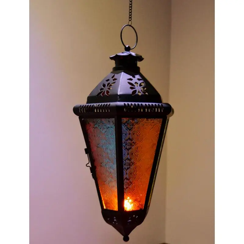 Hanging Moroccan Style  Black Metal and Glass Decorative Candle Lantern Iron Pendant Lamp  For Indoor & Outdoor Use