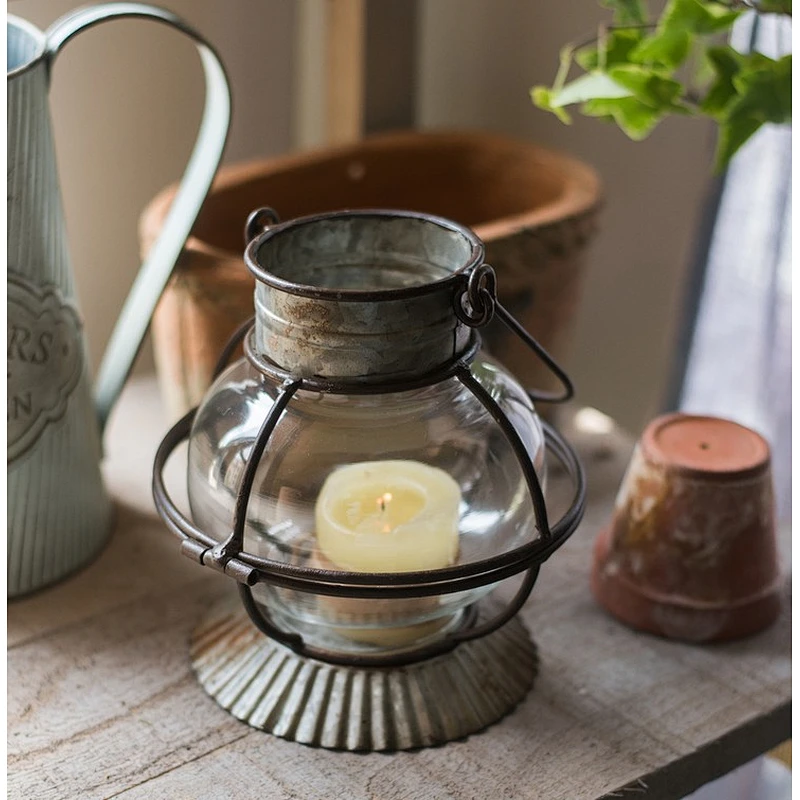 Vintage Hanging Rusted Metal & Glass Candle Lantern with handle for home garden hotel wedding Decor
