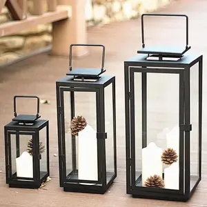 Modern Simple Square Shape Black Iron & Glass  Candle Lantern Candle Lamp with handle for Home / Hotel / Wedding Decor