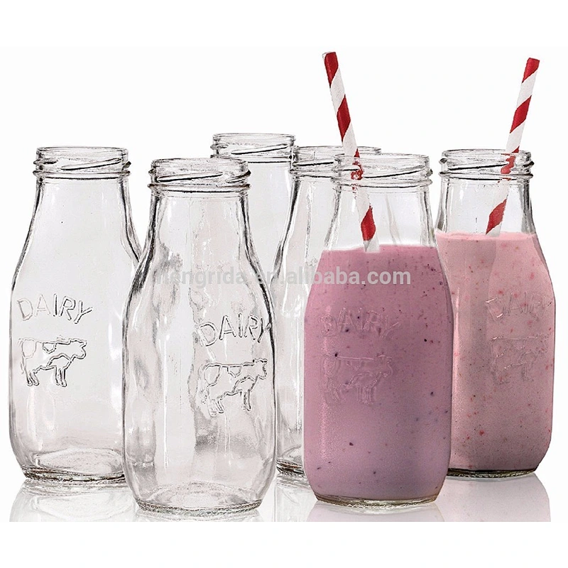 10.5 oz clear Dairy Reusable Glass Milk Bottle with Straw and Metal Lid