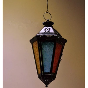 Hanging Moroccan Style  Black Metal and Glass Decorative Candle Lantern Iron Pendant Lamp  For Indoor & Outdoor Use