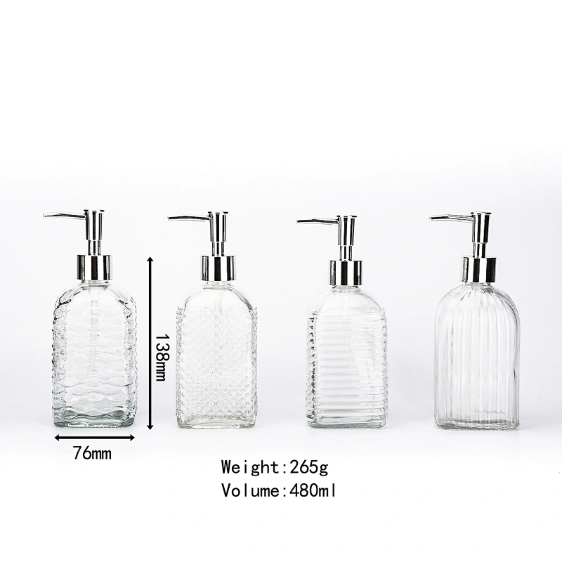 480ml Clear Square Shape Glass Bottle with Sprayer for Liquid Soap