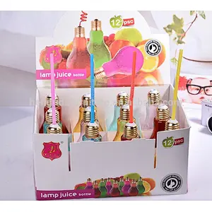 Lamp Bulb Shape Glass Juice Bottle with Drinking Straw Metal Cap