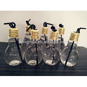 clear glass light bulb shape beverage bottle/juice glasses/straw cup with lights for fruit juice and shrub