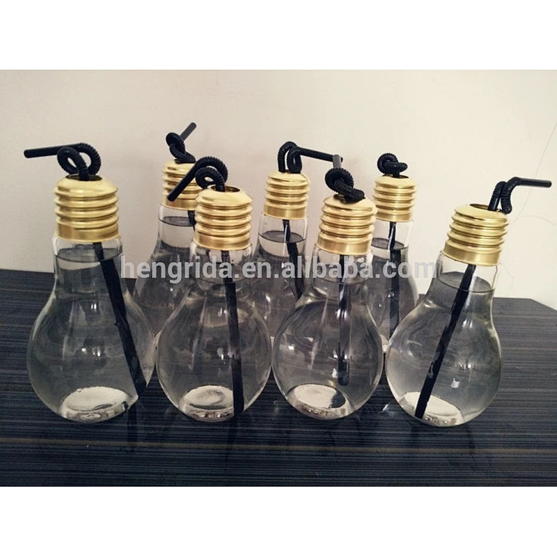 clear glass light bulb shape beverage bottle/juice glasses/straw cup with lights for fruit juice and shrub