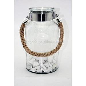 Glass Metal Lantern Candle Holder with Sturdy Jute Rope Handle for Home Decor Wedding Party Celebration