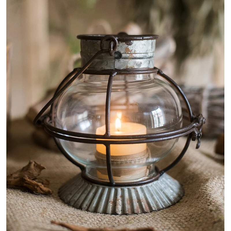 Vintage Hanging Rusted Metal & Glass Candle Lantern with handle for home garden hotel wedding Decor