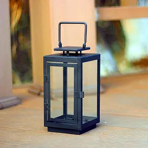 Modern Simple Square Shape Black Iron & Glass  Candle Lantern Candle Lamp with handle for Home / Hotel / Wedding Decor