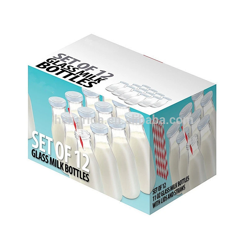 11Oz Glass Milk Bottle Including Reusable Lids and Straws