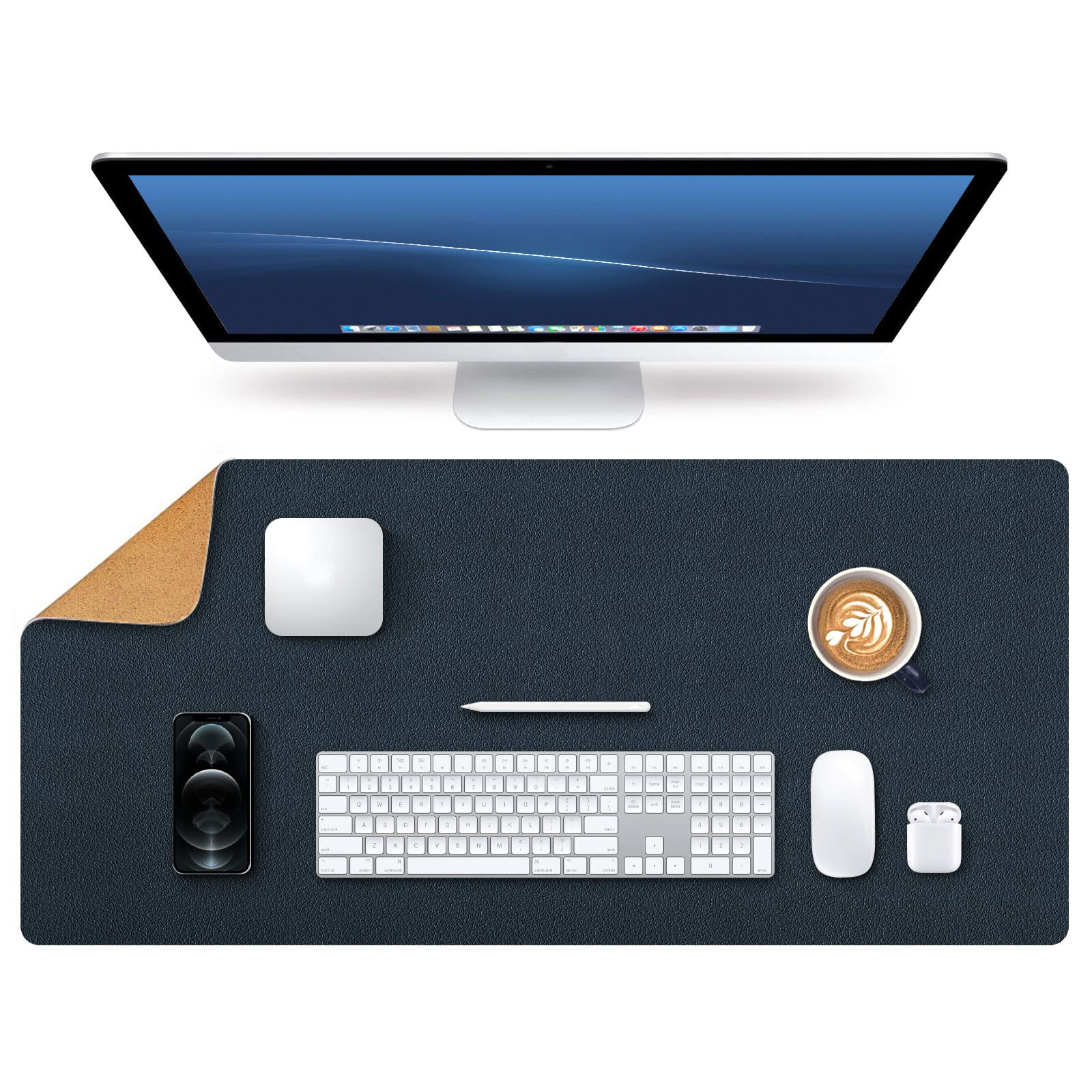 Custom Stitched Laptop Keyboard Cushion Support Large Protector Pad PU Leather Natural Cork Dual Sided Desk Top Mat Blotter