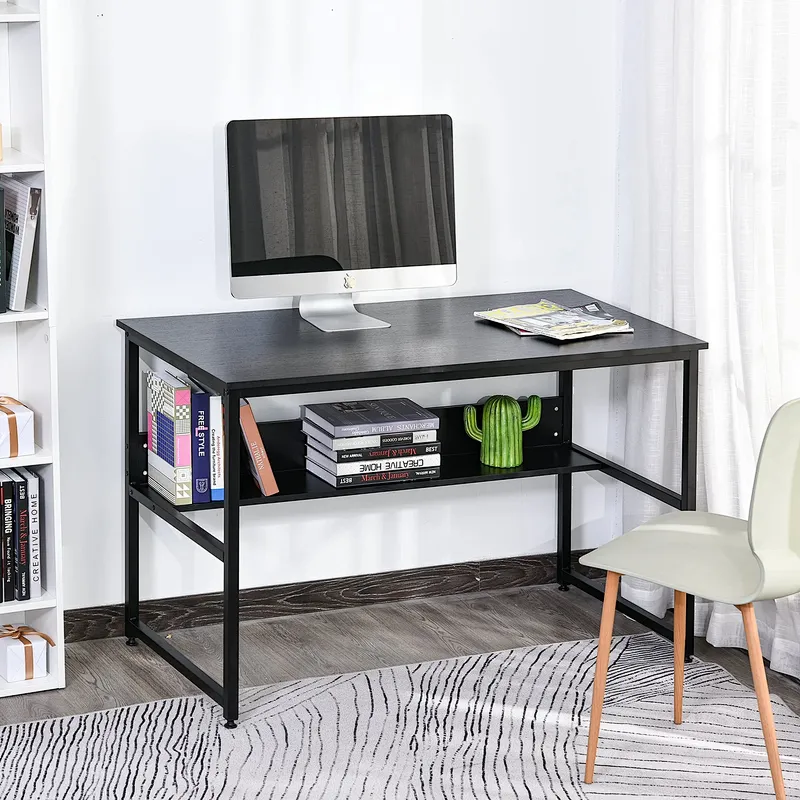 Computer Desk w/Storage Shelf Adjustable Feet Metal Frame Home Office Laptop Study Writing Workstation Table Black