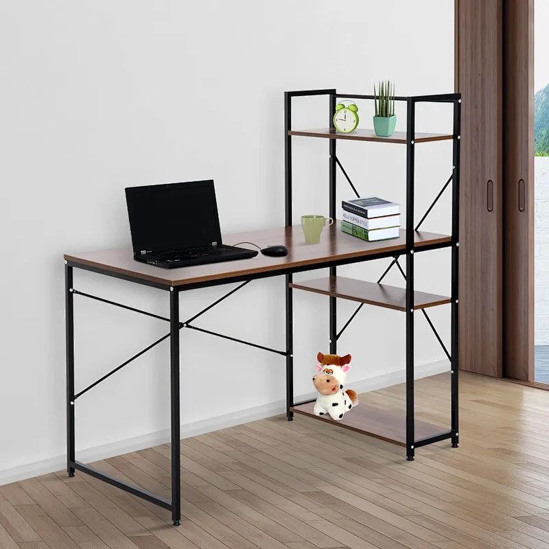 Computer Desk PC Table Study Workstation Home Office with 4-tier Bookshelf Storage Metal Frame Wooden Top (Walnut & Black)