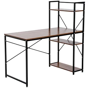 Computer Desk PC Table Study Workstation Home Office with 4-tier Bookshelf Storage Metal Frame Wooden Top (Walnut & Black)