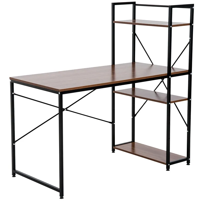 Computer Desk PC Table Study Workstation Home Office with 4-tier Bookshelf Storage Metal Frame Wooden Top (Walnut & Black)