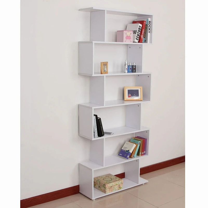 Wooden Wood S Shape Storage Display 6 Shelves Room Bookshelf Bookcase Cupboard Cabinet Home Office Furniture