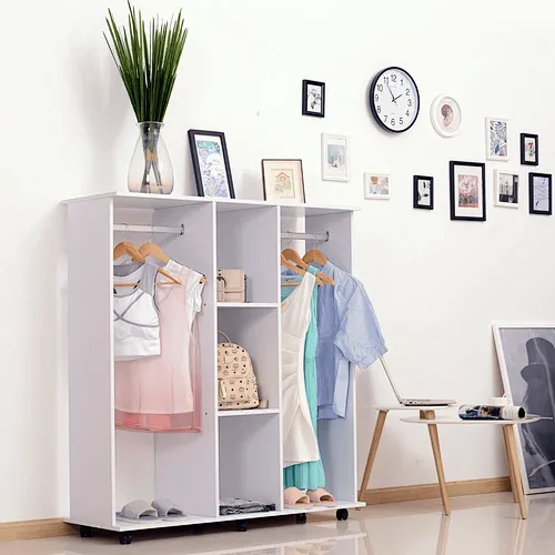 Open Wardrobe with Hanging Rail and Storage Shelves Wheels