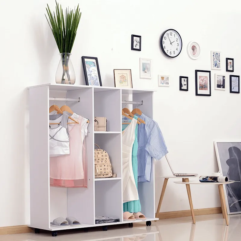 Open Wardrobe with Hanging Rail and Storage Shelves Wheels