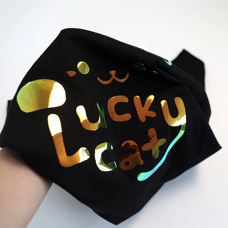 MOQ 1Pcs Custom Logo Anime Pattern Golden Heat Transfer Viny Logo Lucky Cat T-Shirt Women