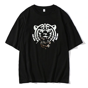 Brushed Lase Hot Stamping Film Tiger Logo Cotton Half Sleeve O-Neck Tops T Shirts for Men