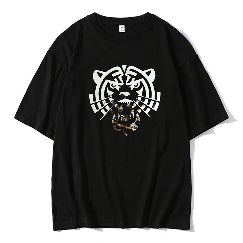 Brushed Lase Hot Stamping Film Tiger Logo Cotton Half Sleeve O-Neck Tops T Shirts for Men