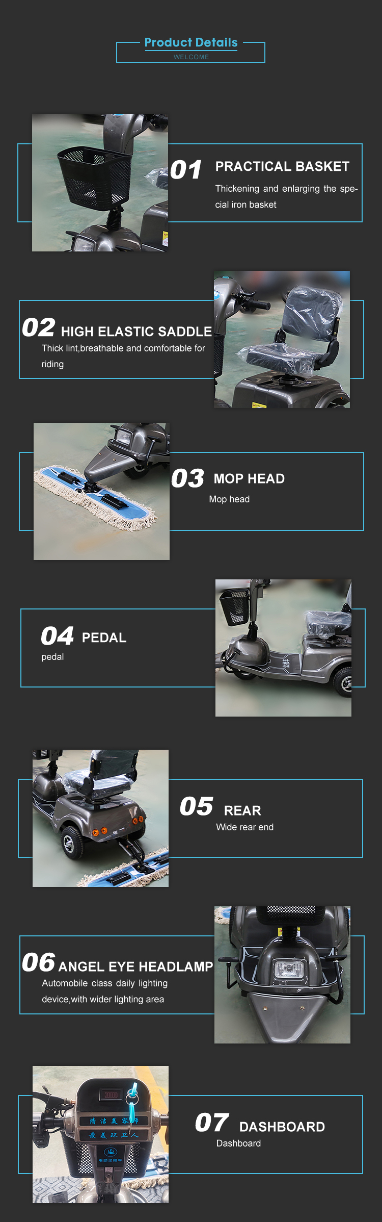Wheels Mobility Cleaning Mop Scooter Ht-in101c Electric Floor Cleaning Machine Driving Dust Cart