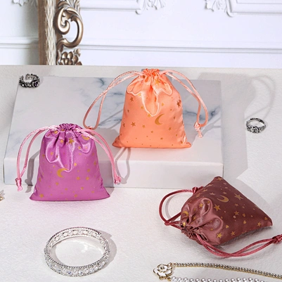Custom Printed High Quality Jewelry Gift Packaging Storage Small Pink Drawstring Satin Bag for Ring Earring Packaging