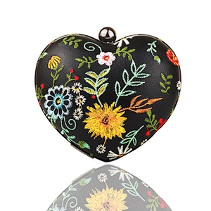 Design heart shape bag with colorful embroidered flowers ladies clutches wholesale