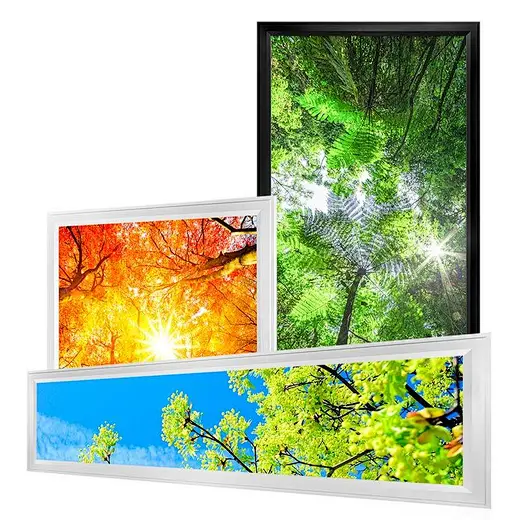 Lumin custom blue sky light panel with company logo and calming nature scene, personalized for office or hospital