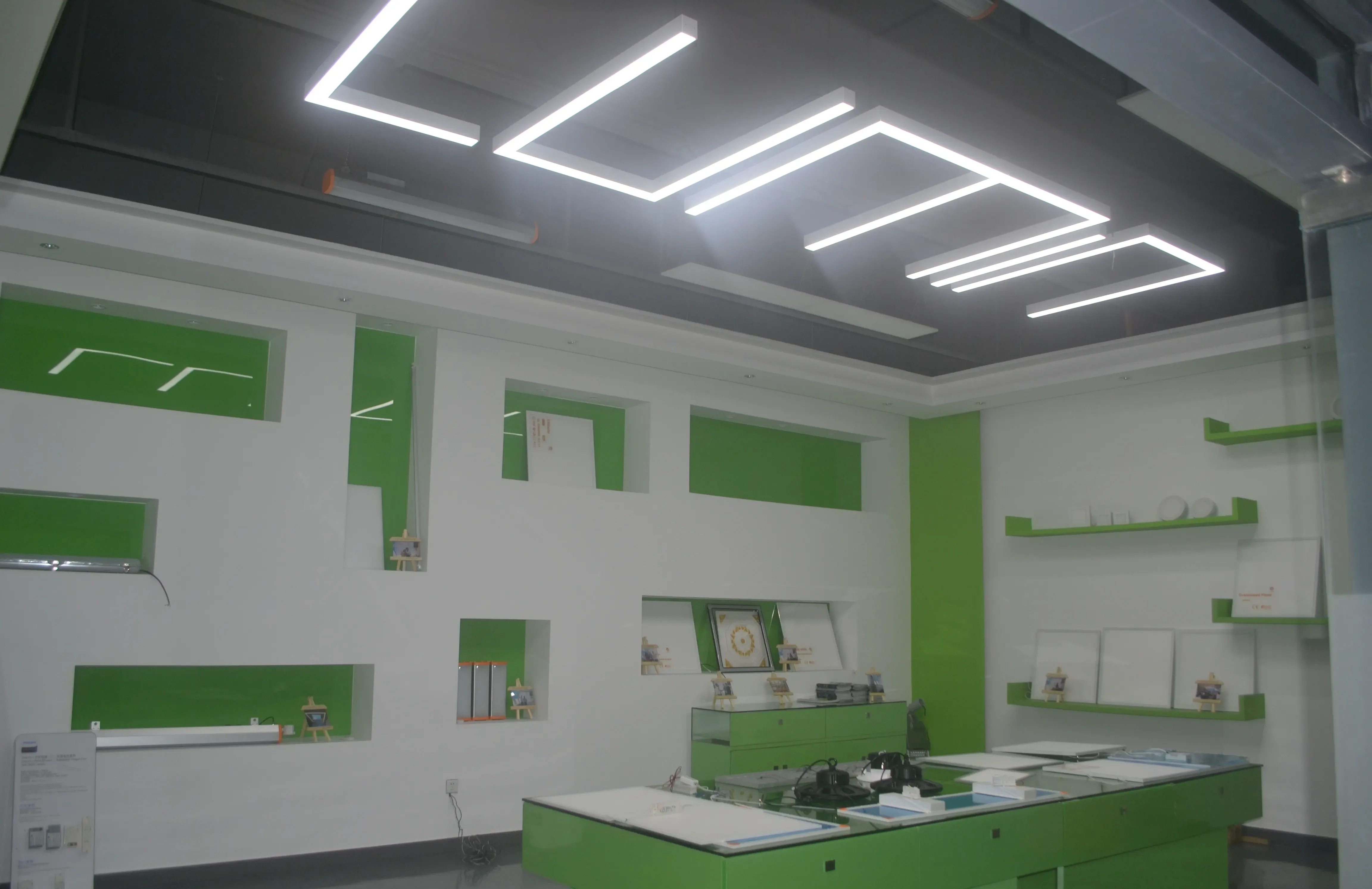 Luminlight sample storage and showing room with led panel light,led linear light, and other lights