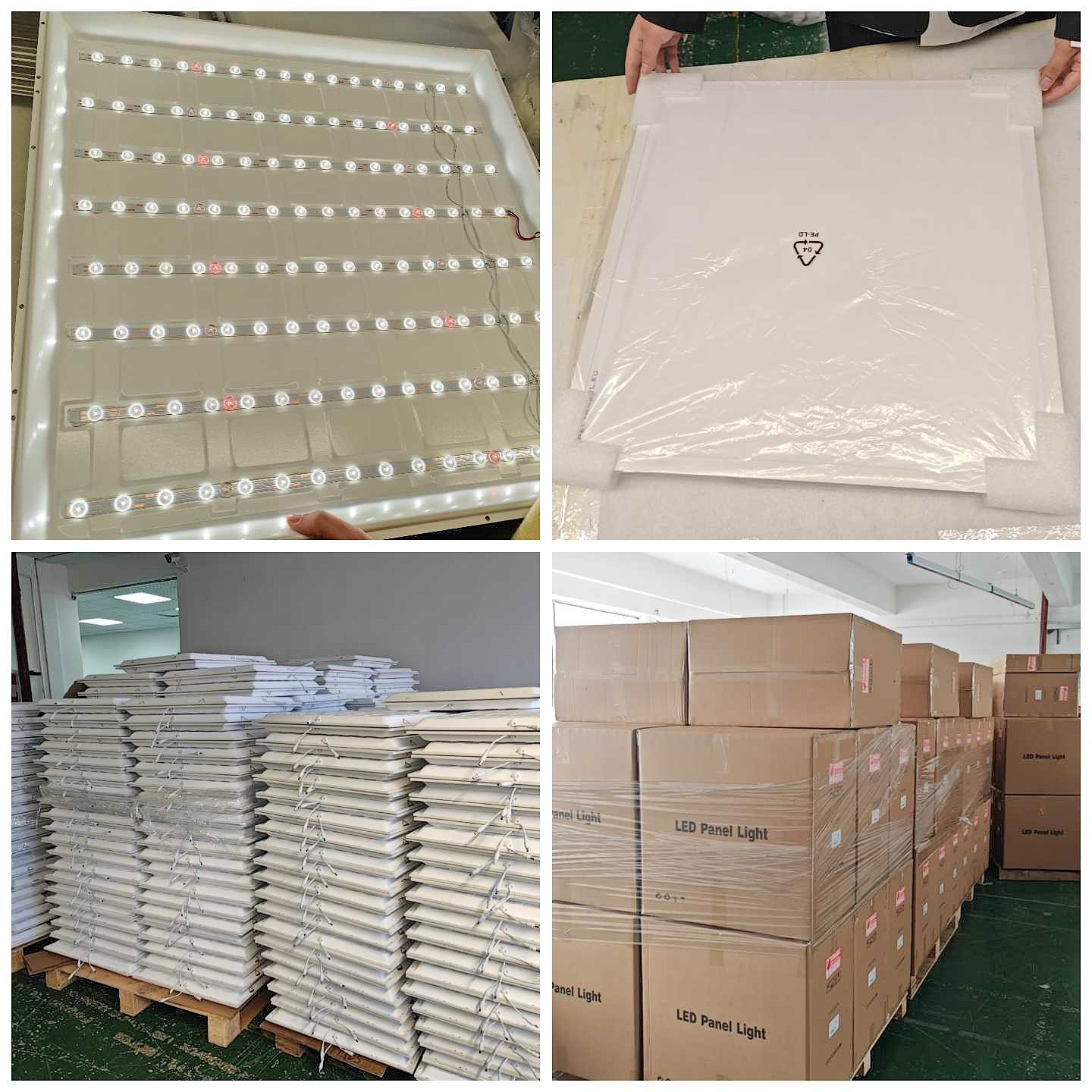 Luminlight production facility collage showing custom full spectrum panel light manufacturing process
