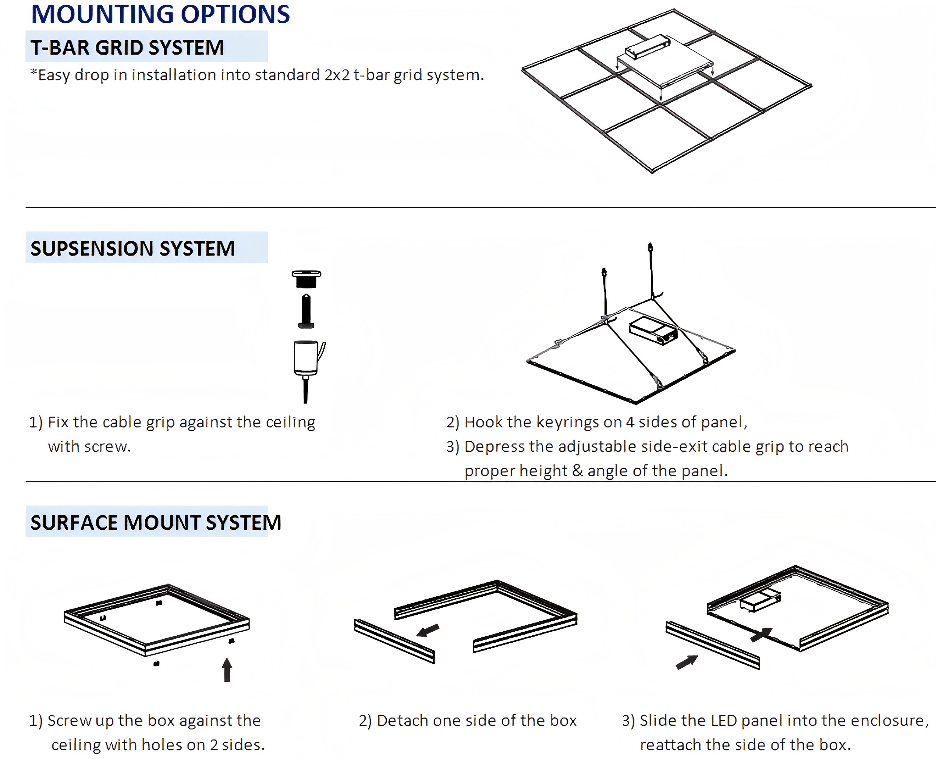 Lumin artificial sky LED panel mounting options T-bar grid suspension and surface mount installation