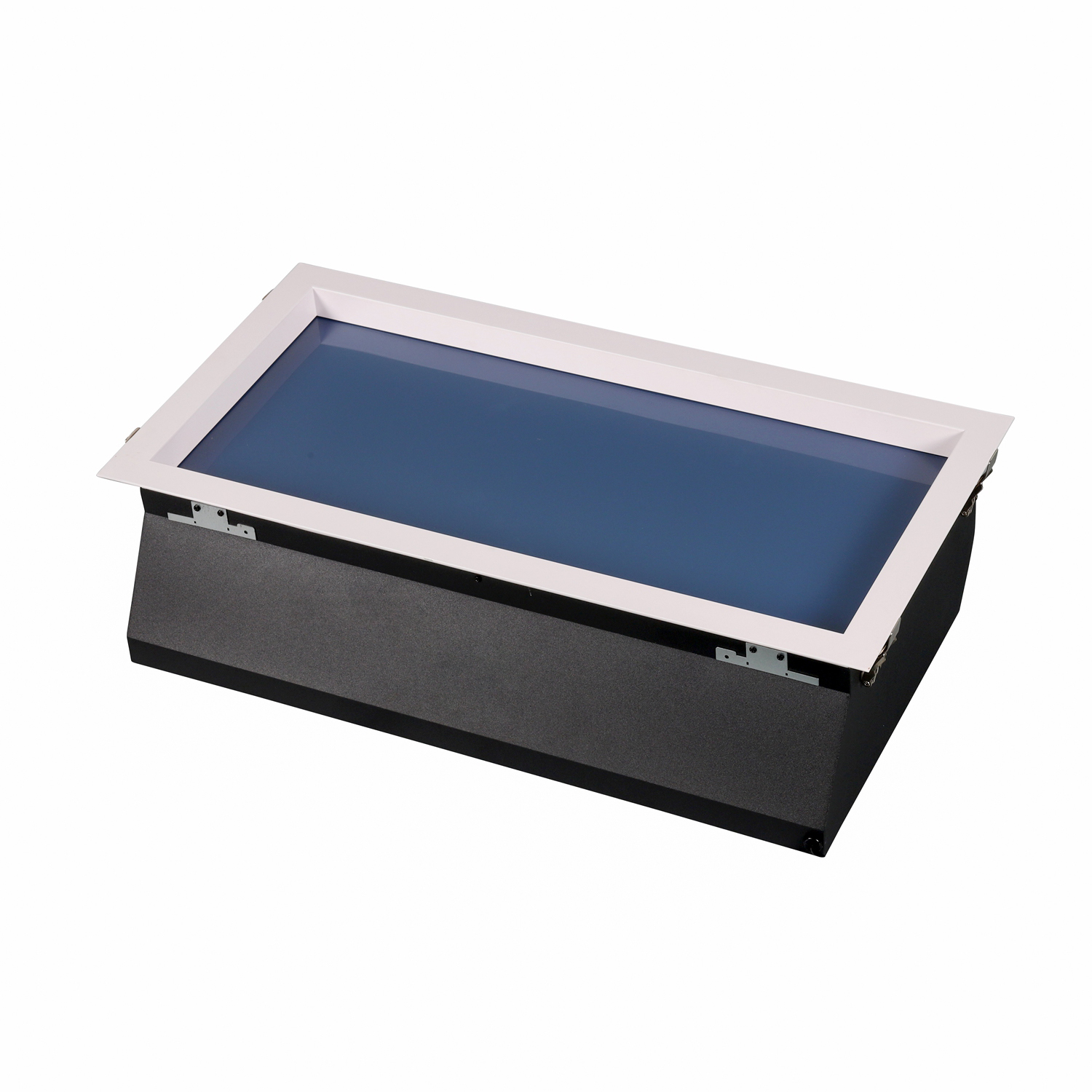 Lumin Sun Shadow skylight installed in a modern kitchen, demonstrating 45° asymmetric light distribution that casts natural-looking shadows beneath cabinetry and countertops.