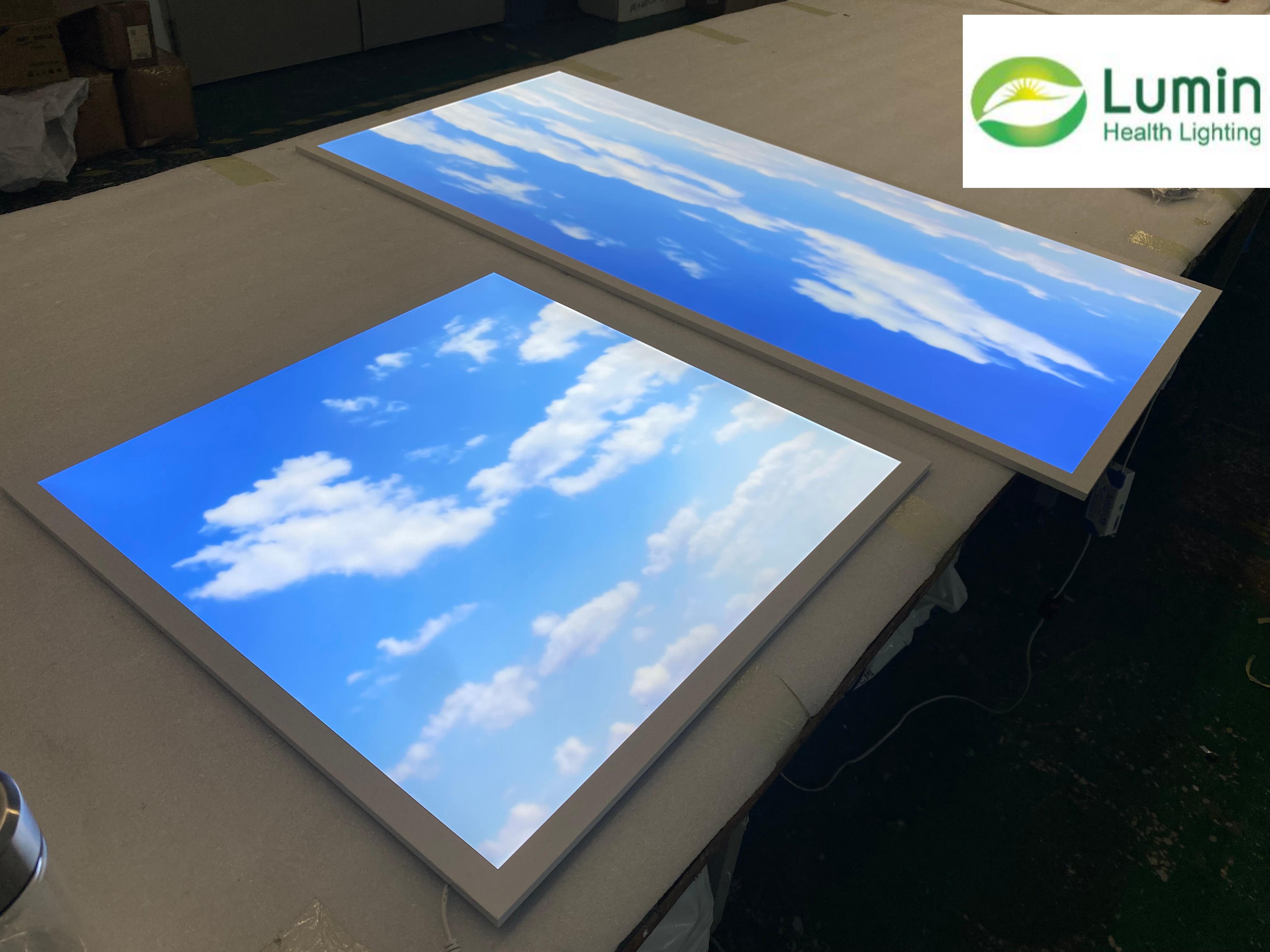 Lumin blue sky light therapy panel series showing multiple sizes from 295x295 to 1195x595, ultra-slim design