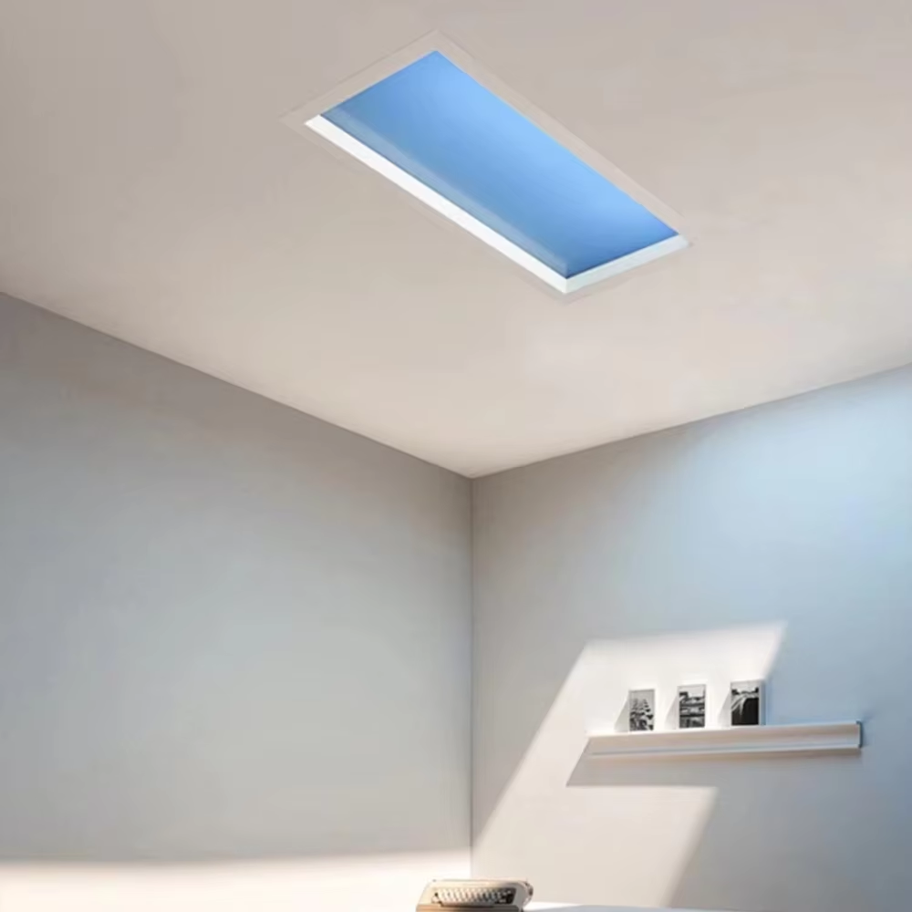 Lumin Sun Shadow skylight installed in a modern kitchen, demonstrating 45° asymmetric light distribution that casts natural-looking shadows beneath cabinetry and countertops.