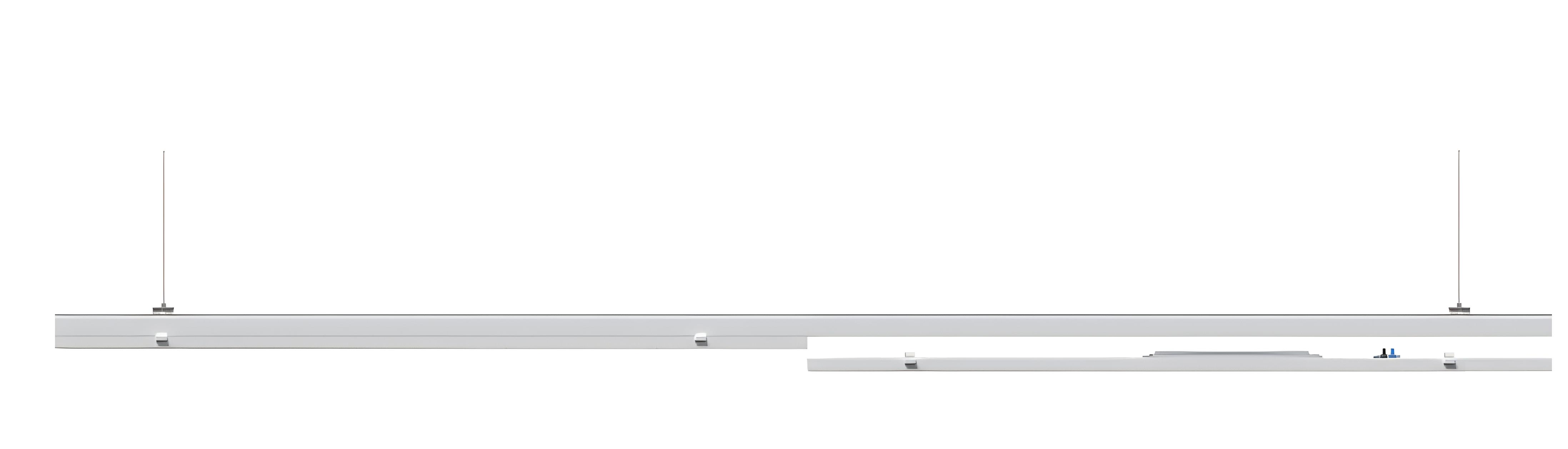 Front view of Lumin X1 linear trunking system showing aluminum rail profile and LED light body with sleek industrial design for continuous row mounting.