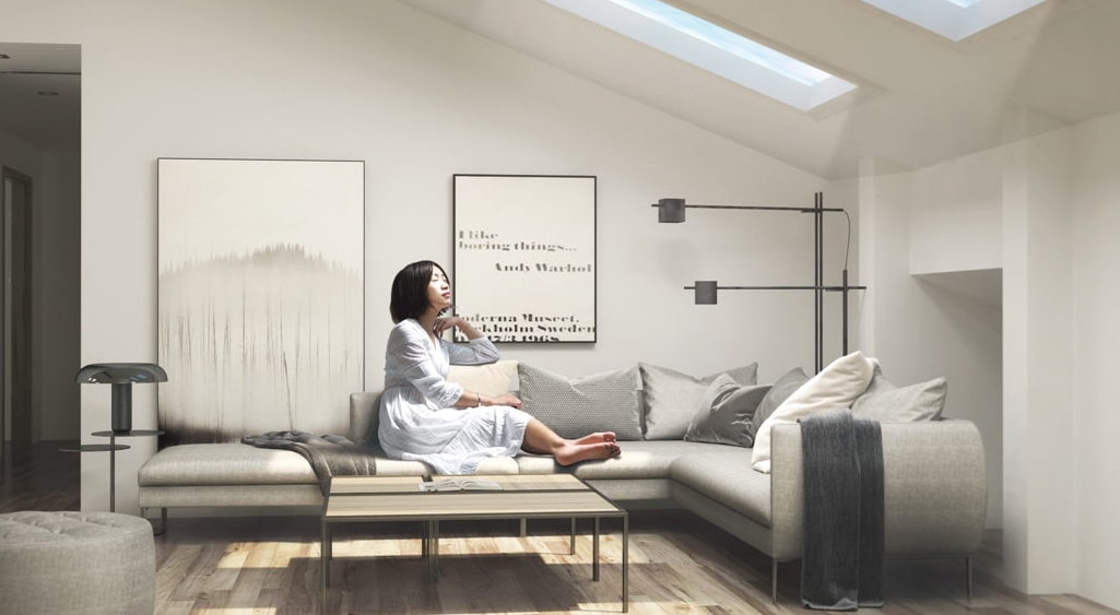  the same space illuminated with Lumin Blue Sky White Cloud panel, appearing like a sunlit attic with realistic blue sky and cloud visuals
