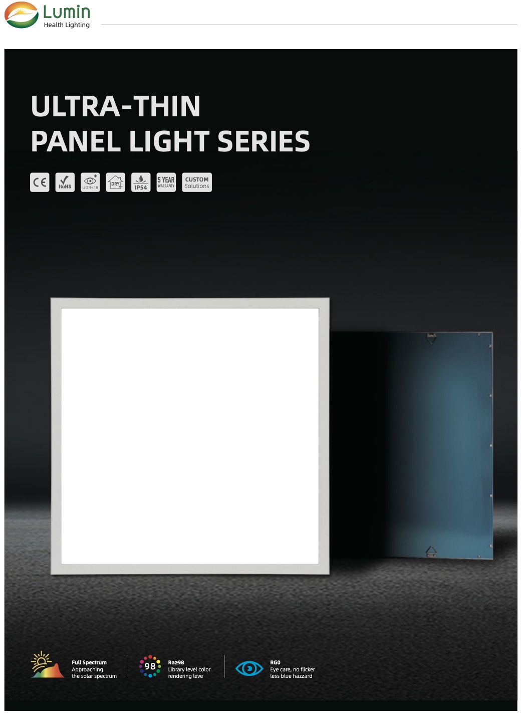 Lumin ultra-thin 9mm edge-lit panel design features CRI98 full spectrum and circadian rhythm lighting.