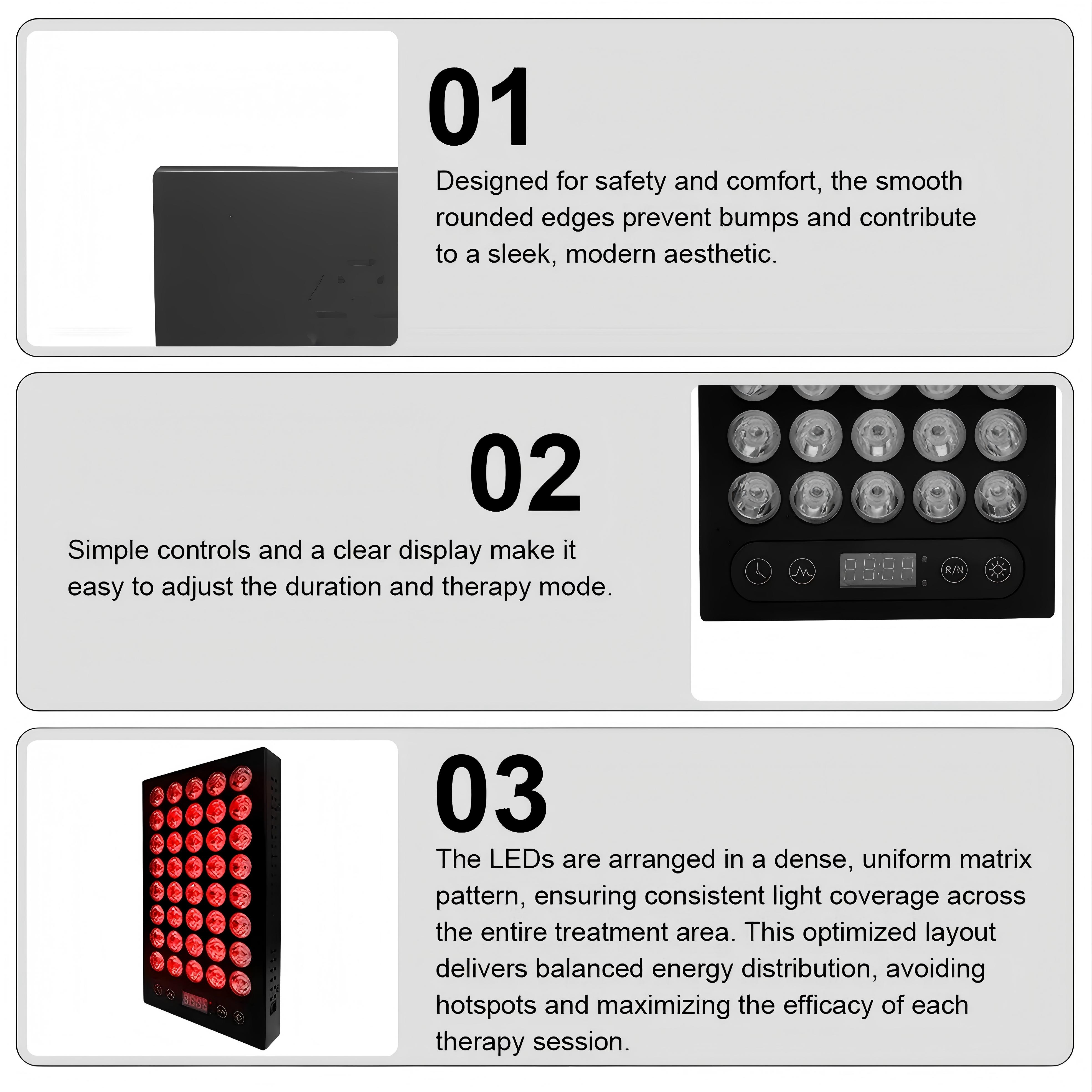 Lumin ST200-2 Design Highlights - Safety Rounded Edges, Intuitive Controls, Uniform LED Matrix for Consistent Light Coverage