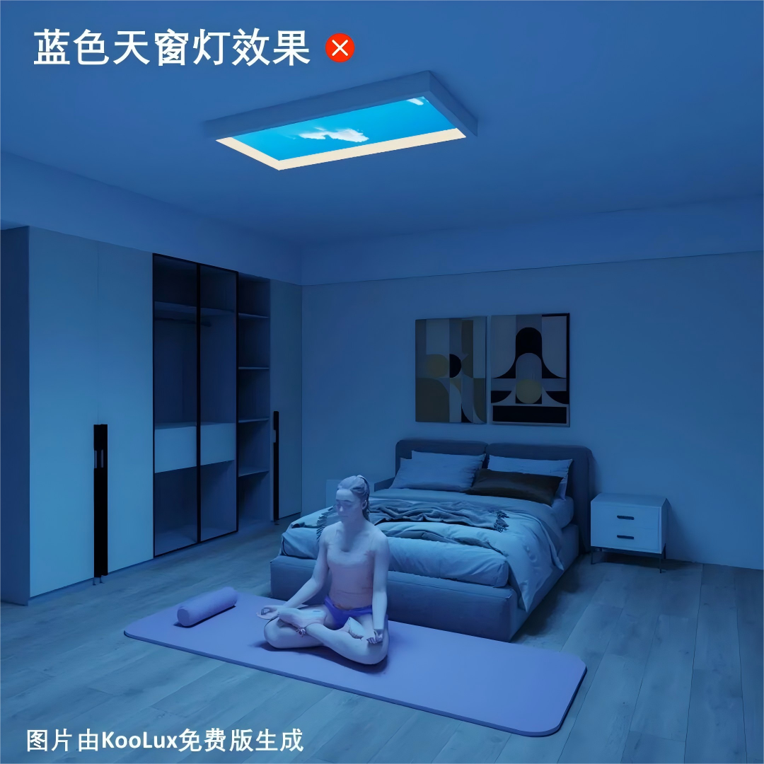 a low-quality panel with printed blue sky image emitting flat, tinted blue light