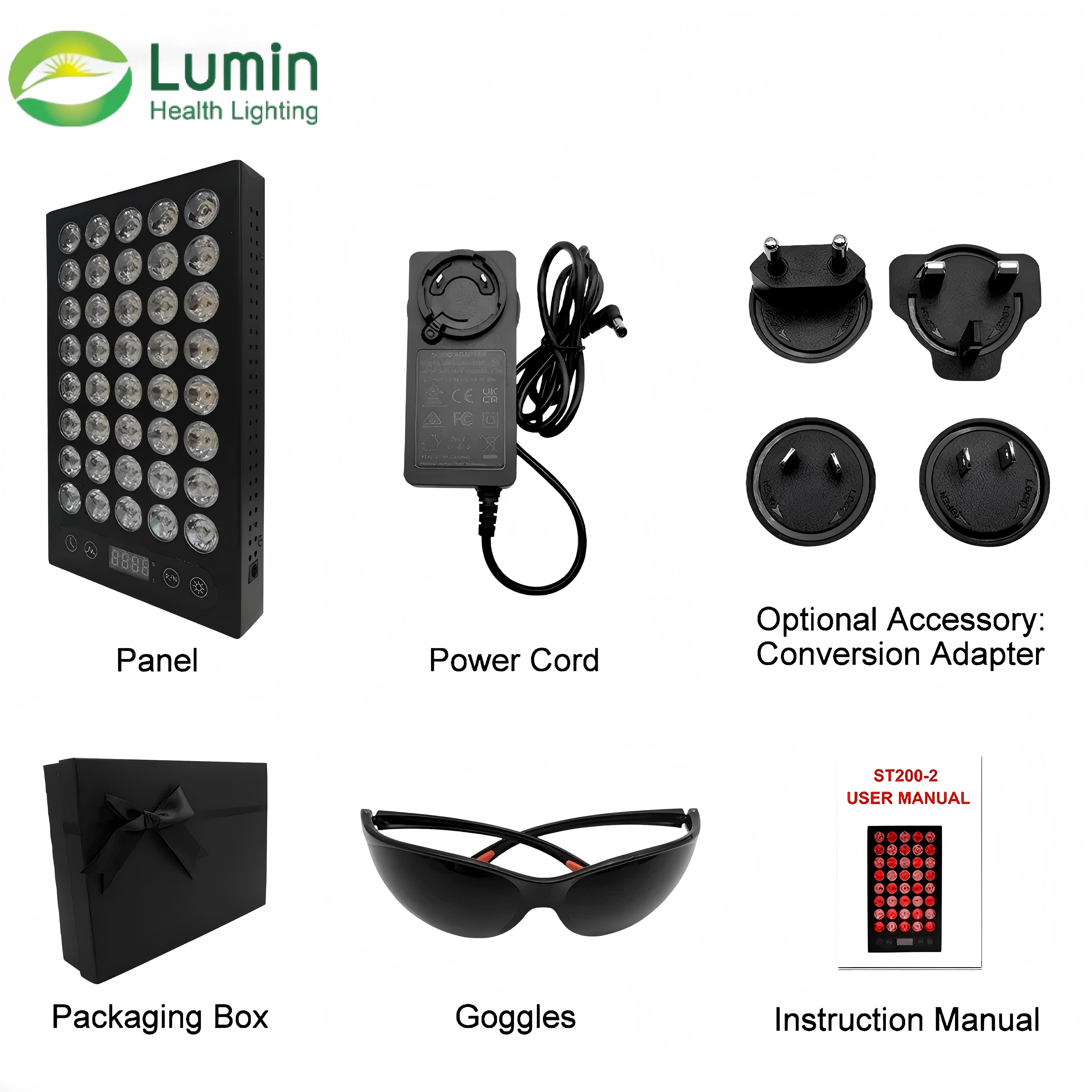 Lumin ST200-2 Package Contents & Accessories - Includes Panel, Power Cord, Adapter, User Manual, Goggles, Storage Box