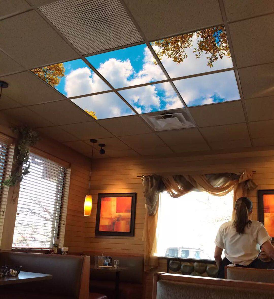 Lumin sky panel light in restaurant ceiling realistic blue sky white cloud biophilic lighting